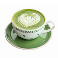 Heart Shaped Matcha Latte in Decorative Cup with Saucer for Coffee Lovers and Beverage Enthusiasts png