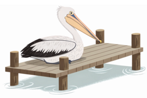 Pelican Sitting on a Wooden Dock Over Water Representing Coastal Wildlife and Nature png