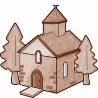 Rustic Stone Church Surrounded by Tall Evergreen Trees with Simple Architectural Design png