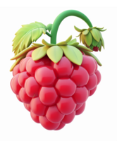 Realistic 3D Raspberry with Green Leaves and Stem on Transparent Background png