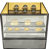 Bakery Display Case with Assorted Pastries and Seating Area for Customers png