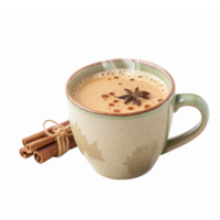 Warm Spiced Chai Latte in a Ceramic Mug with Cinnamon Sticks and Star Anise png