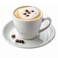 Delicious Cappuccino in White Cup with Coffee Beans on Plate with Transparent Background png