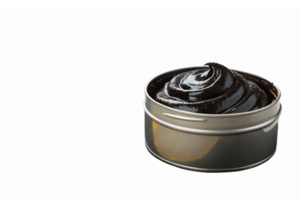 Rich Dark Chocolate Spread in Open Metal Tin Container with Swirled Texture and Glossy Finish png