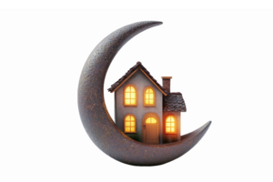 Cozy House Nestled within Moon Crescent with Illuminated Windows and Whimsical Design png
