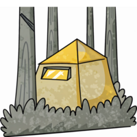 Stylish Geometric Tent in a Lush Forest Surrounded by Tall Trees and Greenery png