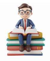Smart Young Man in Suit Reading a Book Sitting on Colorful Stack of Books 3D Illustration png
