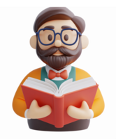 Whimsical 3D Character Holding Open Book with Glasses and Beard for Education and Learning Themes png