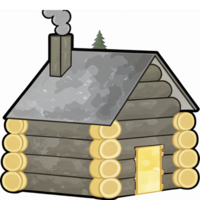 Charming Rustic Log Cabin with Smoke Rising from Chimney and Green Tree in Background png