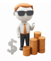 Confident Businessman Character with Sunglasses and Stacked Coins Representing Wealth and Success png