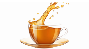 Splashing Tea in a Transparent Cup on Saucer with Rich Amber Color and Dynamic Motion png