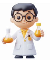 Cheerful Scientist Character Holding Laboratory Beakers in White Lab Coat with Transparent Background png