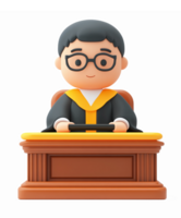 Judge Character Sitting at Desk with Gavel and Judging Robe in Colorful Cartoon Style png