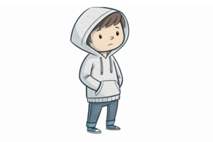 Cute Cartoon Boy in Gray Hoodie with Hands in Pockets Standing on Transparent Background png