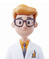 Friendly Male Scientist Character in Lab Coat with Glasses Smiling Expression Transparent Background png