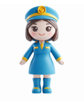 Cute Cartoon Female Character in Blue Uniform with Hat and Smiling Face on Transparent Background png