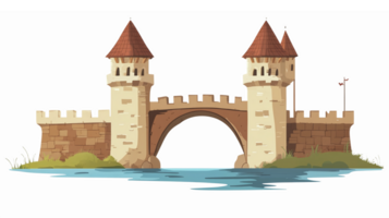 Medieval Castle Bridge with Twin Towers Over Water in a Serene Landscape png
