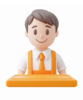 Friendly Male Customer Service Representative with Orange Apron Smiling at Counter png