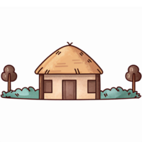 Charming Rustic Cottage Surrounded by Lush Greenery and Trees with a Simple Thatched Roof png