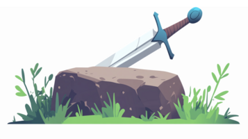 Fantasy Sword Embedded in Rock Surrounded by Lush Greenery Illustration png