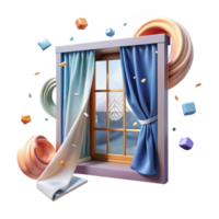 elegant traditional Open Window with Curtains Billowing in Wind Element with Transparent Background png