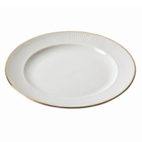 Elegant White Oval Dinner Plate with Gold Trim and Textured Rim for Fine Dining png
