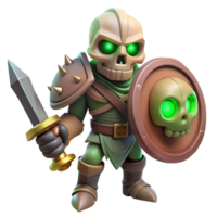 dramatic rustic A menacing skeleton warrior, sword and shield, glowing eyes 4K png