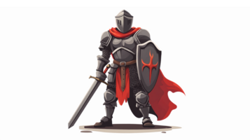Medieval Knight Character Standing with Sword and Shield in Armor with Red Cape png