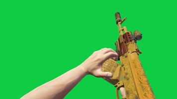 Hand holding assault rifle gun firing, shooting, reloading 3d animation isolated on green screen background video