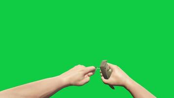 Grenade throw first person view animation, hand holding grenade key removing and throwing away animation isolated on green screen background video
