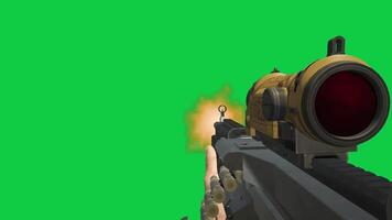Machine gun, sub machine gun shooting first person shooter view 3d animation isolated on green screen background video
