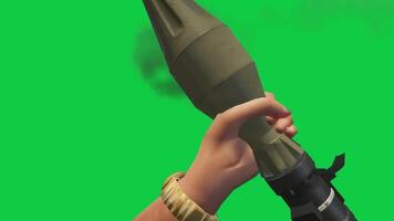 RPG shot with explosion effect, Rock launcher shooting first person view 3d animation isolated on green screen background video