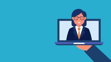 Animation of Female Character Becoming a Virtual Assistant or Communicating Via Vidio Call with Blue Background Copy Space video
