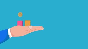Business Investment Animation with the Concept of Showing Profit Increases in Hands. Blue Background Copy Space video