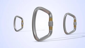 Carabiner Clips on a Light Reflective Floor. Stainless Steel Clips 3D. 4K video