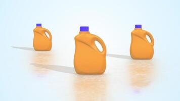 Detergent Bottles on a Light Reflective Floor. Plastic Bottle 3D Animation. 4K video