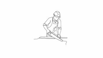 Hand Drawn One Line Animation of a Worker Sawing a Wooden Piece, Minimalist Line Art, Continuous Outline Drawing. Concept of Carpentry, Craftsmanship, Precision, and Woodworking. video