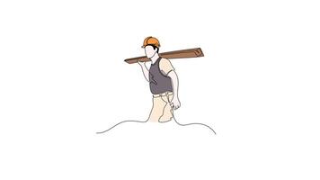 Hand Drawn One Line Animation Of A Worker Carrying A Wooden Board On Their Shoulder, Continuous Outline Drawing With Color. Concept of Carpentry, Construction, Hard Work, Labor. video