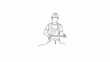 Hand Drawn One Line Animation Of A Construction Worker Measuring Distance Using A Measuring Tape, Continuous Outline Drawing. Concept of Accuracy, Measurement, and Construction Tasks. video
