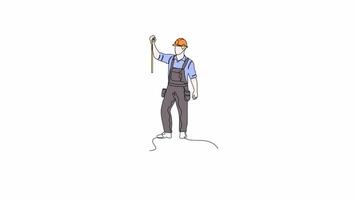 Hand Drawn One Line Animation Of A Construction Worker Measuring Distance With A Measuring Tape, Continuous Outline Drawing With Color. Concept of Accuracy, Measurement, and Construction video