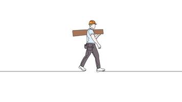 Hand Drawn One Line Animation Of A Worker Carrying A Wooden Board, Continuous Outline Drawing With Color. Concept of Carpentry, Labor, Construction, Manual Work, Strength. video