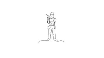 Hand Drawn One Line Animation Of A Construction Worker Holding A Cordless Drill, Continuous Outline Drawing. Concept of Power Tools, Building, and Skilled Construction Labor. video
