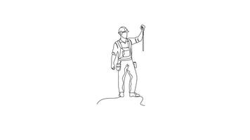 Hand Drawn One Line Animation Of A Construction Worker Measuring Distance Using A Measuring Tape, Continuous Outline Drawing. Concept of Precision, Measurement, and Construction. video