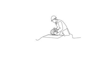 Hand Drawn One Line Animation of a Worker Operating a Circular Saw, Minimalist Line Art, Continuous Outline Drawing. Concept of Construction, Precision, and Skilled Labor. video