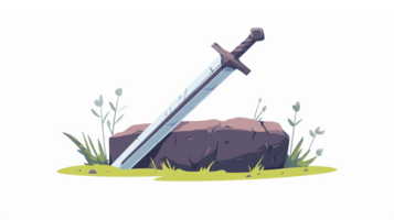 Fantasy Sword Embedded in Stone Surrounded by Grass and Flowers with Transparent Background png