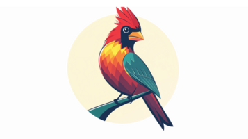 Colorful Stylized Cardinal Bird Perched on a Branch with Geometric Feather Design and Soft Background png
