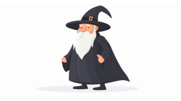 Wizard Character Standing in Black Cloak with Pointed Hat and Long Beard on Transparent Background png