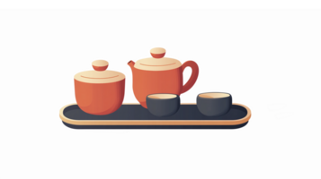 Teapot and Teacups Set on Tray with Minimalist Design and Warm Color Palette png