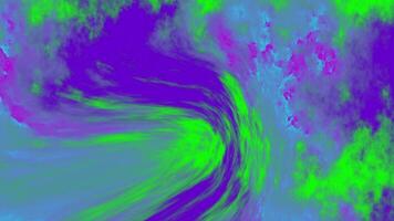 Purple swirls merge with green in cosmic pattern dynamically flowing. Abstract space concept video