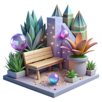 vibrant creative Urban Garden with Bench and Planters Transparent Background premium png